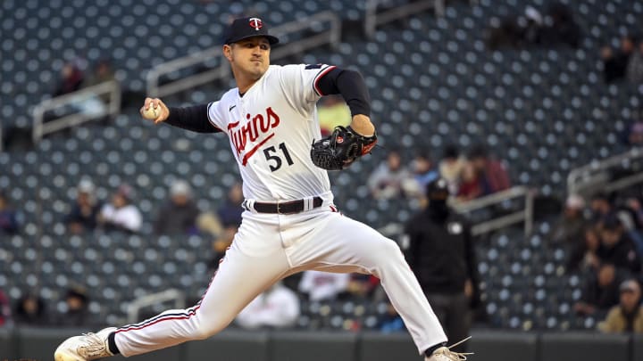 Apr 21, 2023; Minneapolis, Minnesota, USA; Minnesota Twins pitcher Tyler Mahle (51) delivers a pitch against the Washington Nationals at Target Field. Mandatory Credit: Nick Wosika-USA TODAY Sports