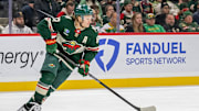 Dec 20, 2024; Saint Paul, Minnesota, USA;  Minnesota Wild forward Kirill Kaprizov (97) turns up ice against the Utah Hockey Club during the third period at Xcel Energy Center. Mandatory Credit: Nick Wosika-Imagn Images