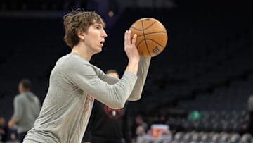 Feb 5, 2025; Minneapolis, Minnesota, USA; Chicago Bulls forward Matas Buzelis (14) practices before a game against the Minnesota Timberwolves at Target Center. Mandatory Credit: Nick Wosika-Imagn Images