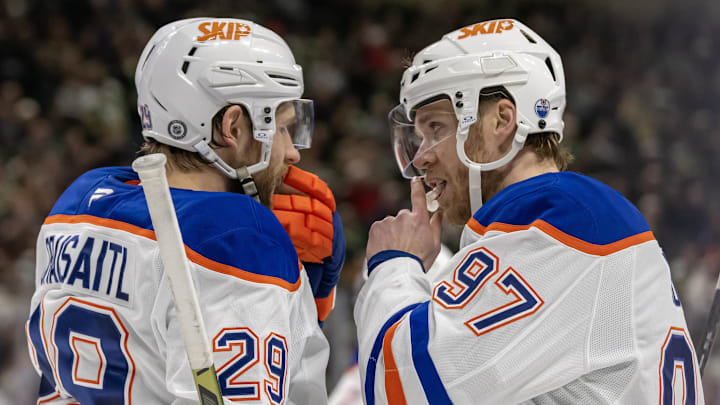 Edmonton Oilers forward Leon Draisaitl (29) and forward Connor McDavid (97)