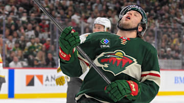 May 1, 2025; Saint Paul, Minnesota, USA;  Minnesota Wild defenseman Brock Faber (7) reacts after not scoring on an open look against the Vegas Golden Knights during the second period in game six of the first round of the 2025 Stanley Cup Playoffs at Xcel Energy Center. Mandatory Credit: Nick Wosika-Imagn Images