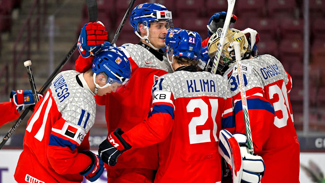 Buffalo Sabres defense prospect Radim Mrtka with Team Czechia teammates at the 2026 World Juniors tournament