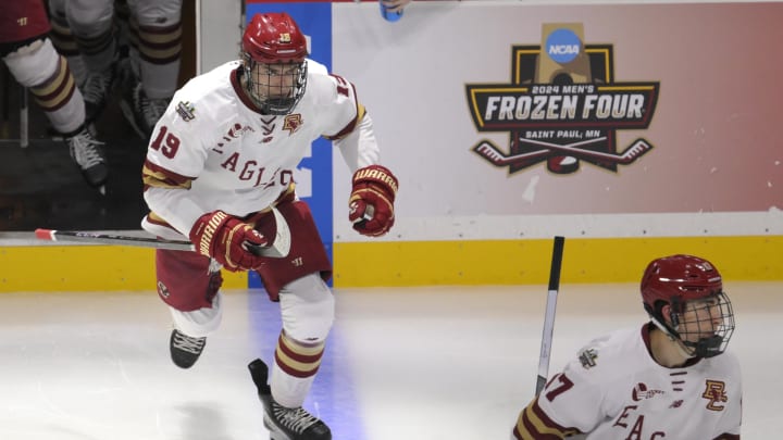 Apr 13, 2024; Saint Paul, Minnesota, USA; Boston College Eagles forward Cutter Gauthier (19) takes the ice against the Denver Pioneers before the third period of the championship game of the 2024 Frozen Four college ice hockey tournament at Xcel Energy Center. Mandatory Credit: Nick Wosika-USA TODAY Sports