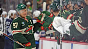 Sep 27, 2024; Saint Paul, Minnesota, USA;  Minnesota Wild forward Kirill Kaprizov (97) celebrates his power play goal against the Winnipeg Jets during the first period at Xcel Energy Center. Mandatory Credit: Nick Wosika-Imagn Images

