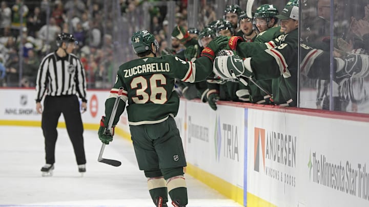 Mar 22, 2025; Saint Paul, Minnesota, USA; Minnesota Wild forward Mats Zuccarello (36) celebrates his goal against the Buffalo Sabres as he skaters to the bench during the second period at Xcel Energy Center. Mandatory Credit: Nick Wosika-Imagn Images Mar 22, 2025; Saint Paul, Minnesota, USA; Minnesota Wild forward Mats Zuccarello (36) celebrates his goal against the Buffalo Sabres as he skaters to the bench during the second period at Xcel Energy Center. Mandatory Credit: Nick Wosika-Imagn Images
