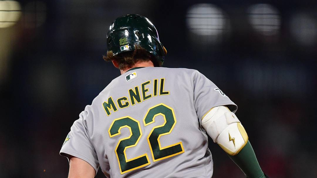 May 20, 2026; Anaheim, California, USA; Athletics second baseman Jeff McNeil (22) runs the bases after hitting a solo home run against the Los Angeles Angels during the ninth inning at Angel Stadium. Mandatory Credit: Gary A. Vasquez-Imagn Images