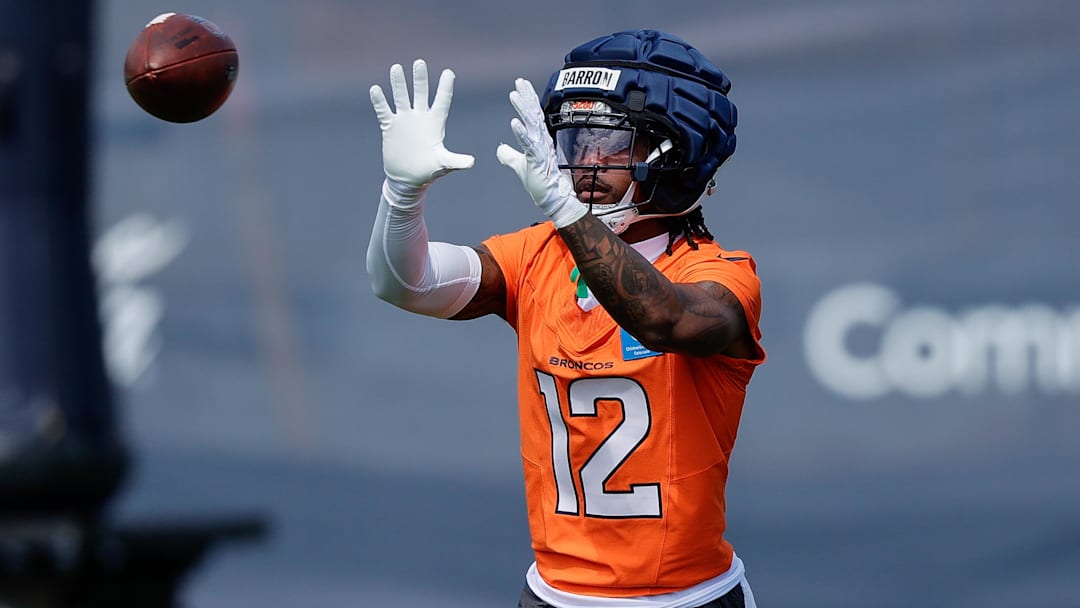 Jul 24, 2025; Englewood, CO, USA; Denver Broncos cornerback Jahdae Barron (12) during Denver Broncos Training Camp. Jul 24, 2025; Englewood, CO, USA; Denver Broncos cornerback Jahdae Barron (12) during Denver Broncos Training Camp.