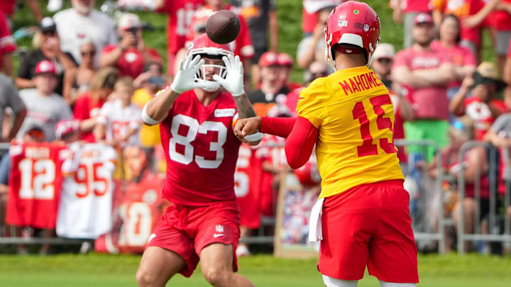 Kansas City Chiefs quarterback Patrick Mahomes (15) passes to tight end Noah Gray (83) during training camp at Missouri Western State University.