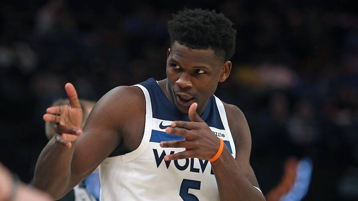 Jan 31, 2026; Memphis, Tennessee, USA; Minnesota Timberwolves guard Anthony Edwards (5) reacts during the fourth quarter against the Memphis Grizzlies at FedExForum. Mandatory Credit: Petre Thomas-Imagn Images