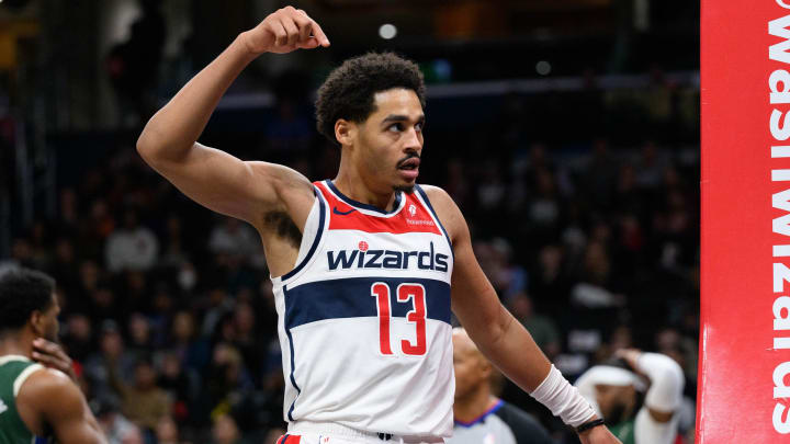 Apr 2, 2024; Washington, District of Columbia, USA; Washington Wizards guard Jordan Poole (13) reacts during the third quarter against the Milwaukee Bucks at Capital One Arena. Mandatory Credit: Reggie Hildred-USA TODAY Sports