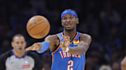 Oct 30, 2025; Oklahoma City, Oklahoma, USA; Oklahoma City Thunder guard Shai Gilgeous-Alexander (2) passes against the Washington Wizards during the second half at Paycom Center. Mandatory Credit: Alonzo Adams-Imagn Images