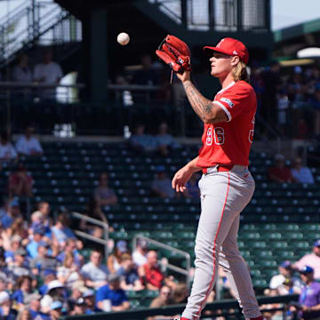 Feb 27, 2025; Mesa, Arizona, USA; Los Angeles Angels pitcher Caden Dana (36) comes in to start in the first inning during a spring training game against the Chicago Cubs at Sloan Park. Mandatory Credit: Allan Henry-Imagn Images
