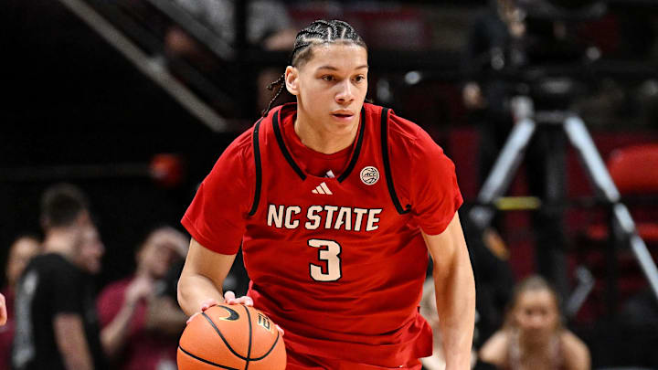 Jan 10, 2026; Tallahassee, Florida, USA; North Carolina State Wolfpack guard Matt Able (3) during the first half against the Florida State Seminoles at Donald L. Tucker Center. Mandatory Credit: Melina Myers-Imagn Images