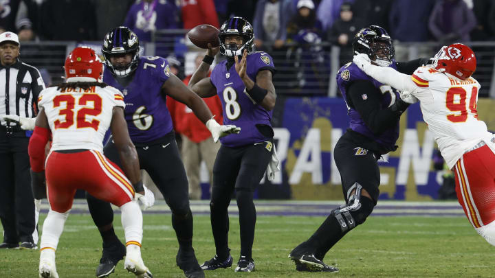 Jan 28, 2024; Baltimore, Maryland, USA; Baltimore Ravens quarterback Lamar Jackson (8) prepares to throw the ball during the second half against the Kansas City Chiefs in the AFC Championship football game at M&T Bank Stadium. Mandatory Credit: Geoff Burke-USA TODAY Sports