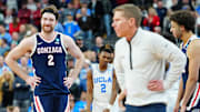 Mar 23, 2023; Las Vegas, NV, USA; Gonzaga Bulldogs forward Drew Timme (2) reacts after a play against the UCLA Bruins during the second half at T-Mobile Arena. 