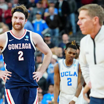 Mar 23, 2023; Las Vegas, NV, USA; Gonzaga Bulldogs forward Drew Timme (2) reacts after a play against the UCLA Bruins during the second half at T-Mobile Arena. 