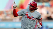 May 6, 2025; Tampa, Florida, USA; Philadelphia Phillies third baseman Alec Bohm (28) runs the bases after hitting a two run home run against the Tampa Bay Rays in the second inning at George M. Steinbrenner Field. Mandatory Credit: Nathan Ray Seebeck-Imagn Images