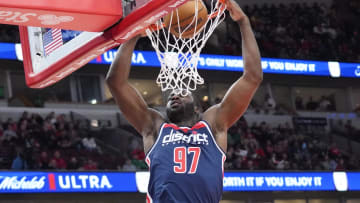 Mar 16, 2024; Chicago, Illinois, USA; Washington Wizards forward Eugene Omoruyi (97) dunks the ball against the Chicago Bulls during the second half at United Center. Mandatory Credit: David Banks-USA TODAY Sports