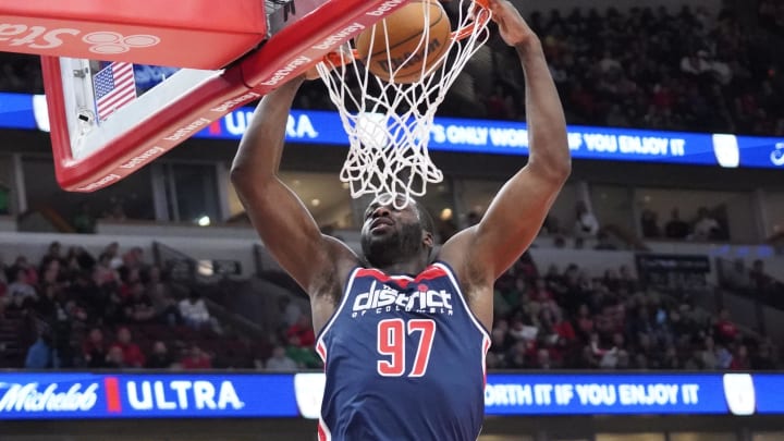 Mar 16, 2024; Chicago, Illinois, USA; Washington Wizards forward Eugene Omoruyi (97) dunks the ball against the Chicago Bulls during the second half at United Center. Mandatory Credit: David Banks-USA TODAY Sports