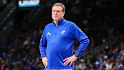 Mar 13, 2025; Kansas City, MO, USA; Kansas Jayhawks coach Bill Self watches game play during the first half against the Arizona Wildcats at T-Mobile Center. 