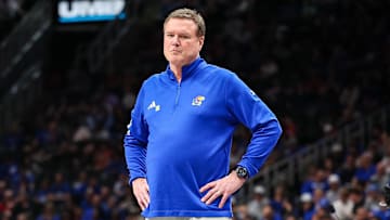 Mar 13, 2025; Kansas City, MO, USA; Kansas Jayhawks coach Bill Self watches game play during the first half against the Arizona Wildcats at T-Mobile Center. 