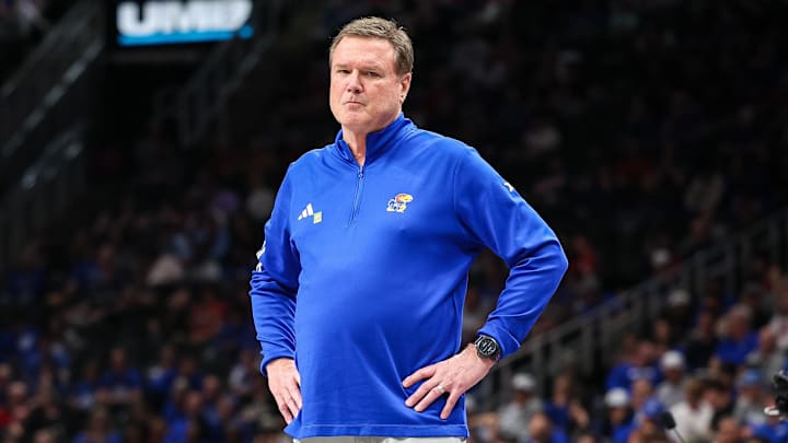 Mar 13, 2025; Kansas City, MO, USA; Kansas Jayhawks coach Bill Self watches game play during the first half against the Arizona Wildcats at T-Mobile Center. Mar 13, 2025; Kansas City, MO, USA; Kansas Jayhawks coach Bill Self watches game play during the first half against the Arizona Wildcats at T-Mobile Center.