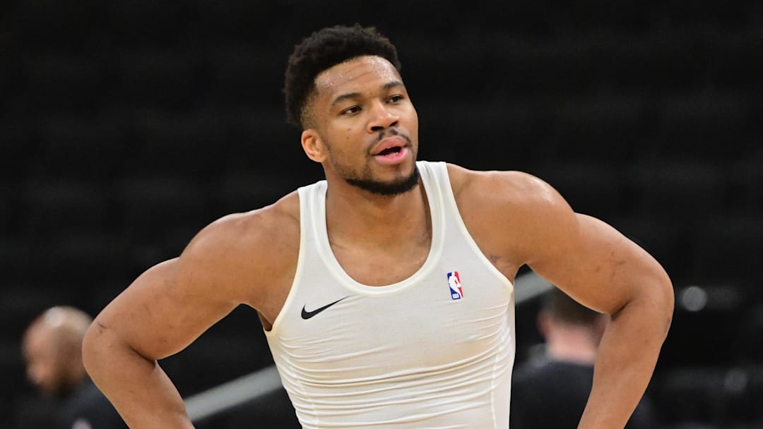 Apr 3, 2026; Milwaukee, Wisconsin, USA;  Milwaukee Bucks forward Giannis Antetokounmpo (34) warms up before the game against the Boston Celtics at Fiserv Forum. Mandatory Credit: Benny Sieu-Imagn Images