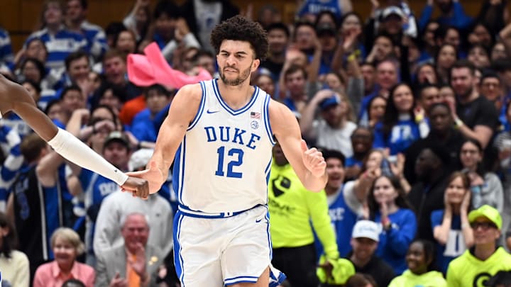 Feb 14, 2026; Durham, North Carolina, USA; Duke Blue Devils forward Cameron Boozer (12) after scoring a basket against the Clemson Tigers.
