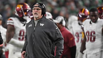 Nov 14, 2024; Philadelphia, Pennsylvania, USA; Washington Commanders head coach Dan Quinn on the sidelines against the Philadelphia Eagles during the second quarter at Lincoln Financial Field.