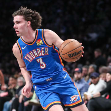 Jan 5, 2024; Brooklyn, New York, USA;  Oklahoma City Thunder guard Josh Giddey (3) drives to the basket in the third quarter against the Brooklyn Nets at Barclays Center. Mandatory Credit: Wendell Cruz-USA TODAY Sports