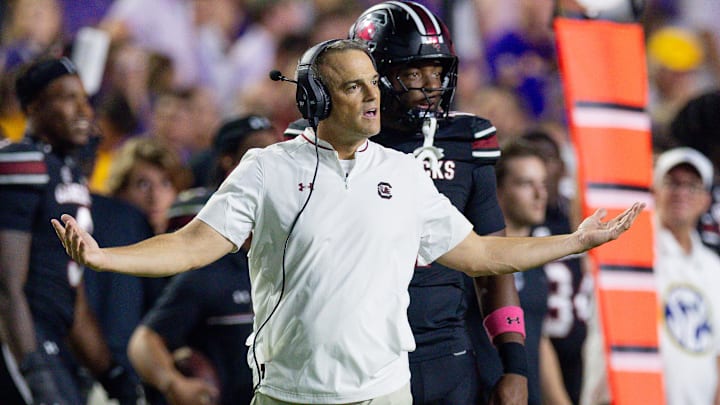 Oct 11, 2025; Baton Rouge, Louisiana, USA;  South Carolina Gamecocks head coach Shane Beamer reacts to a play against the LSU Tigers during the second half at Tiger Stadium. Mandatory Credit: Stephen Lew-Imagn Images