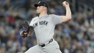 Apr 16, 2024; Toronto, Ontario, CAN; New York Yankees starting pitcher Carlos Rodon (55) pitches to the Toronto Blue Jays during the fourth inning at Rogers Centre. Mandatory Credit: John E. Sokolowski-USA TODAY Sports