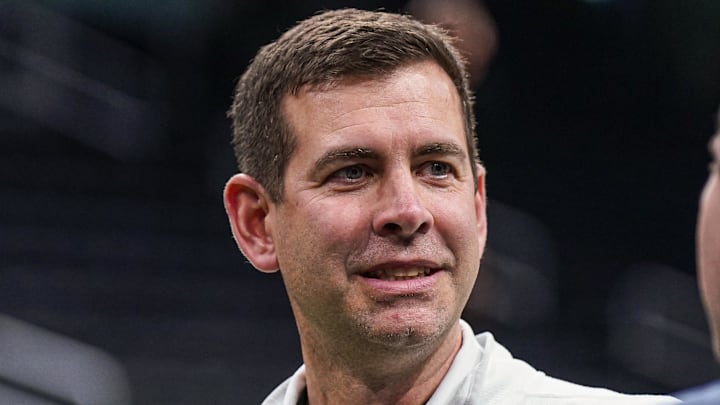Feb 6, 2025; Boston, Massachusetts, USA; Boston Celtics general manager Brad Stevens on the court before the start of the game against the Dallas Mavericks at TD Garden. Mandatory Credit: David Butler II-Imagn Images
