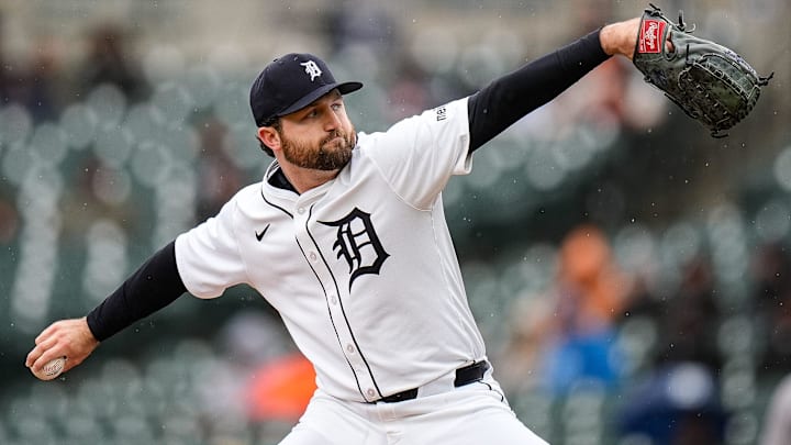 Detroit Tigers pitcher Casey Mize (12) throws against New York Yankees during the second inning at Comerica Park in Detroit on Monday, April 7, 2025.