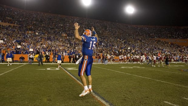 Florida Gators quarterback Tim Tebow (15) celebrates after defeating the Florida State Seminoles