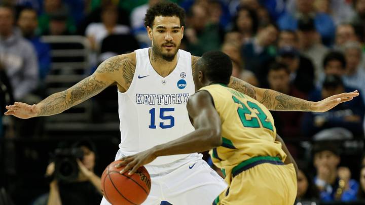 Mar 28, 2015; Cleveland, OH, USA; Kentucky Wildcats forward Willie Cauley-Stein (15) guards Notre Dame Fighting Irish guard Jerian Grant (22)  during the first half in the finals of the midwest regional of the 2015 NCAA Tournament at Quicken Loans Arena. Mandatory Credit: Rick Osentoski-USA TODAY Sports