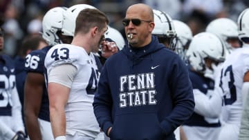 Apr 13, 2024; University Park, PA, USA; Penn State Nittany Lions head coach James Franklin walks on the field during a warmup practice prior to the Blue White spring game at Beaver Stadium. Mandatory Credit: Matthew O'Haren-USA TODAY Sports