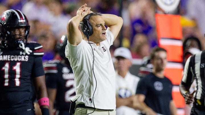 Oct 11, 2025; Baton Rouge, Louisiana, USA;  South Carolina Gamecocks head coach Shane Beamer reacts to a play against the LSU Tigers during the second half at Tiger Stadium. Mandatory Credit: Stephen Lew-Imagn Images