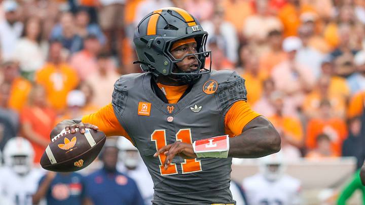 Oct 3, 2026; Knoxville, Tennessee, USA;  Tennessee Volunteers quarterback Faizon Brandon (11) looks to pass the ball against the Auburn Tigers during the first quarter at Neyland Stadium.  Mandatory Credit: Randy Sartin-Imagn Images