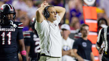 Oct 11, 2025; Baton Rouge, Louisiana, USA;  South Carolina Gamecocks head coach Shane Beamer reacts to a play against the LSU Tigers during the second half at Tiger Stadium. Mandatory Credit: Stephen Lew-Imagn Images