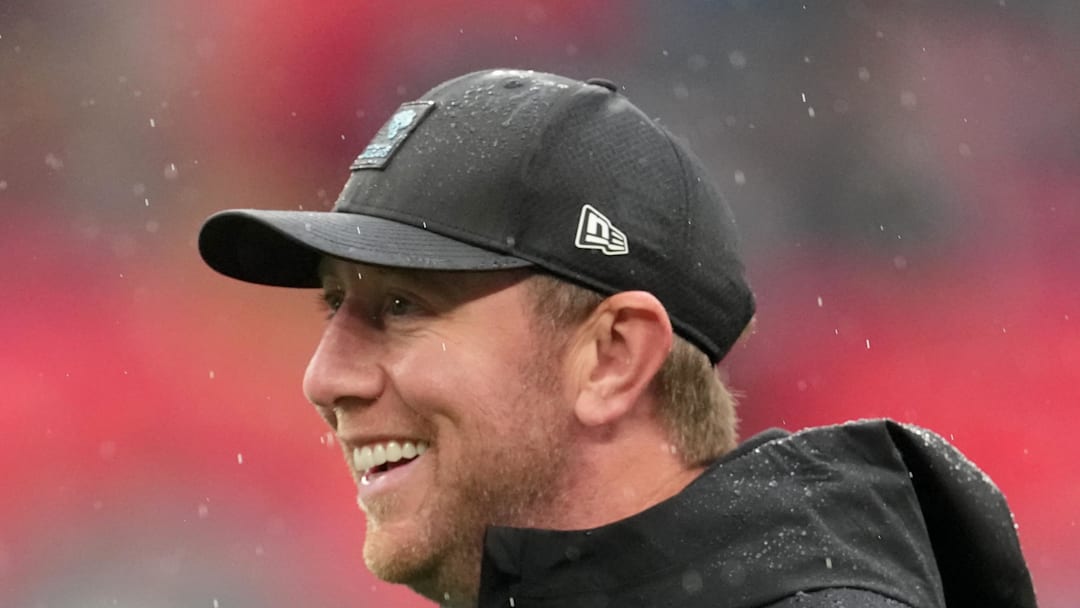 Oct 19, 2025; London, United Kingdom; Jacksonville Jaguars head coach Liam Coen looks on during warmups before a NFL International Series game between the Los Angeles Rams and the Jacksonville Jaguars at Wembley Stadium. Mandatory Credit: Kirby Lee-Imagn Images