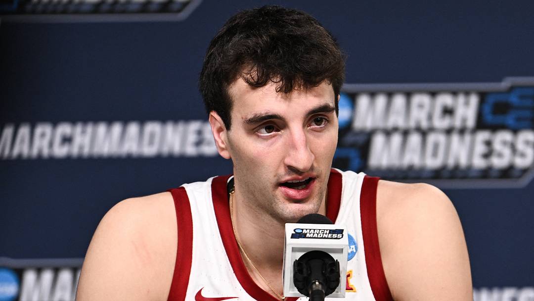 Mar 22, 2026; St. Louis, MO, USA; Iowa State Cyclones forward Milan Momcilovic (22) speaks during the postgame press conference after the game against the Kentucky Wildcats during a second round game of the men's 2026 NCAA Tournament at Enterprise Center. Mandatory Credit: Jeff Le-Imagn Images