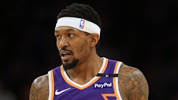 Apr 8, 2025; Phoenix, Arizona, USA; Phoenix Suns guard Bradley Beal (3) reacts during the first half against the Golden State Warriors at Footprint Center. Mandatory Credit: Mark J. Rebilas-Imagn Images