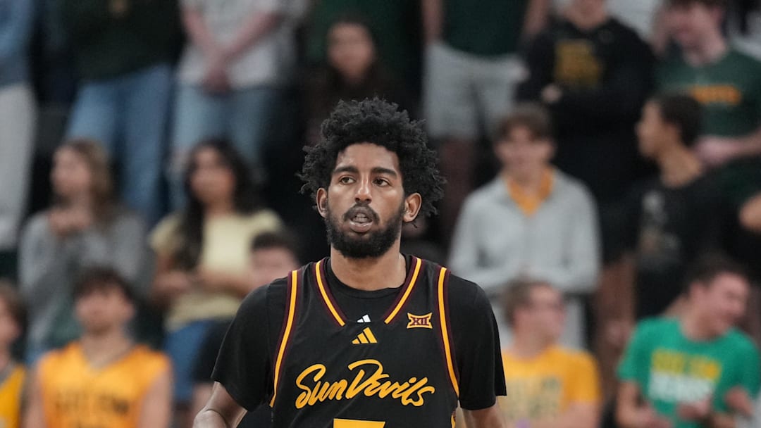 Feb 21, 2026; Waco, Texas, USA; Arizona State Sun Devils guard Maurice Odum (5) dribbles the ball upcourt during the first half against the Baylor Bears at Paul and Alejandra Foster Pavilion. Mandatory Credit: Chris Jones-Imagn Images
