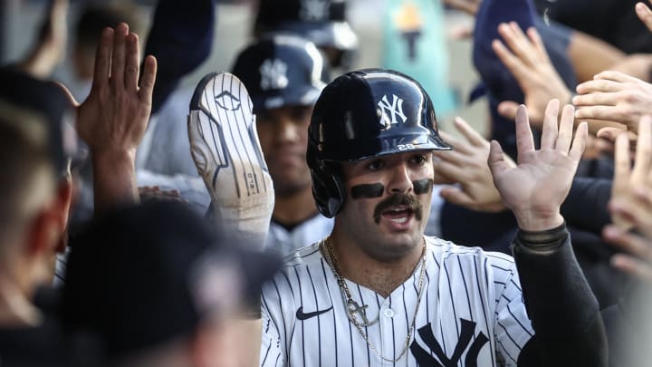 New York Yankees catcher Austin Wells (28) is greeted in the dugout after scoring a run in third inning against the Tampa Bay Rays at Yankee Stadium on July 19.