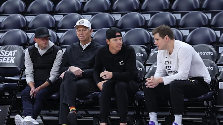Feb 6, 2024; Salt Lake City, Utah, USA; From left to right, Utah Jazz general manager Justin Zanik, CEO Danny Ainge, owner Ryan Smith and head coach Will Hardy sit court side before the game between the Utah Jazz and the Oklahoma City Thunder at Delta Center. Mandatory Credit: Rob Gray-Imagn Images Feb 6, 2024; Salt Lake City, Utah, USA; From left to right, Utah Jazz general manager Justin Zanik, CEO Danny Ainge, owner Ryan Smith and head coach Will Hardy sit court side before the game between the Utah Jazz and the Oklahoma City Thunder at Delta Center. Mandatory Credit: Rob Gray-Imagn Images