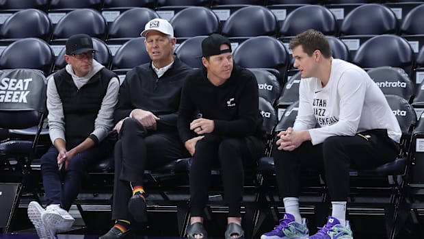 From left to right, Utah Jazz general manager Justin Zanik, CEO Danny Ainge, owner Ryan Smith and head coach Will Hardy