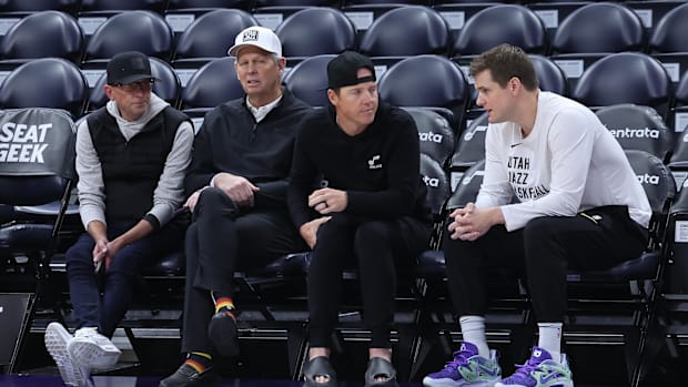 From left to right, the director general of Utah Jazz, Justin Zanik, CEO Danny Ainge, owner Ryan Smith and head coach Will Hardy.