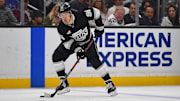 Apr 10, 2025; Los Angeles, California, USA; Los Angeles Kings left wing Andrei Kuzmenko (96) controls the puck against the Anaheim Ducks. during the second period at Crypto.com Arena. Mandatory Credit: Gary A. Vasquez-Imagn Images