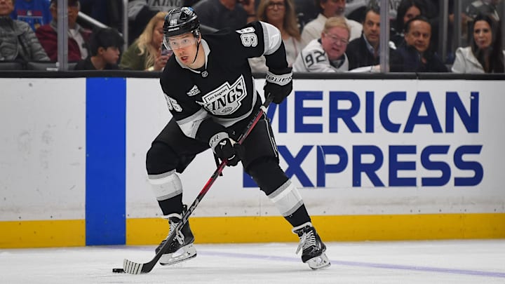 Apr 10, 2025; Los Angeles, California, USA; Los Angeles Kings left wing Andrei Kuzmenko (96) controls the puck against the Anaheim Ducks. during the second period at Crypto.com Arena. Mandatory Credit: Gary A. Vasquez-Imagn Images Apr 10, 2025; Los Angeles, California, USA; Los Angeles Kings left wing Andrei Kuzmenko (96) controls the puck against the Anaheim Ducks. during the second period at Crypto.com Arena. Mandatory Credit: Gary A. Vasquez-Imagn Images